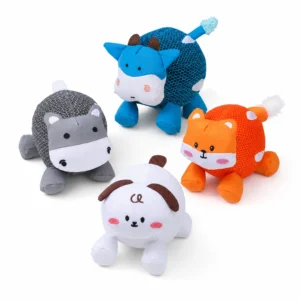 Cute Animal Dental Chew Toy with Crinkle & Squeaker Interactive Treat-Hiding Plush Dog Toy for Boredom Relief Treat Hiding Plush Toy Set (Fox/Sheep/Hippo/Cow)