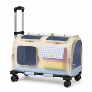 Large Dual-Compartment Rolling Cat Carrier for Two Cats, Foldable Wheeled Pet Travel Carrier with Telescoping Handle, Ventilated Rolling Pet Carrier for Cats and Small Dogs