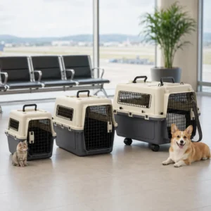 Airline-Style Dog Travel Crate with Metal Door, Portable Cat Carrier Crate with Removable Floor Grid, Rolling Pet Transportation Kennel with Pull Strap