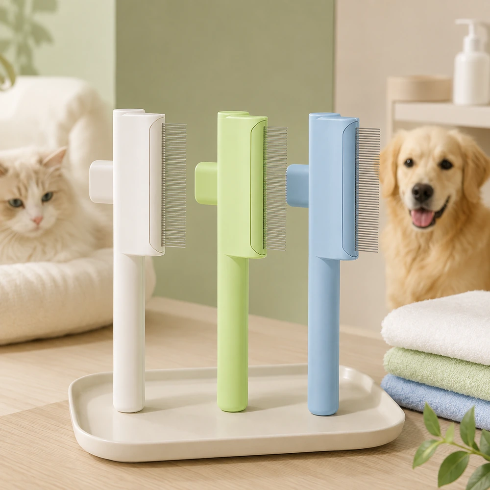 Pet Detangling Comb with Hair-Release Button, Lightweight Cat and Dog Grooming Comb, Rounded-Pin Pet Comb for Loose Hair