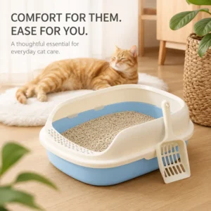 Large Semi-Closed Cat Litter Box with Scoop – Anti-Splash Open Cat Toilet