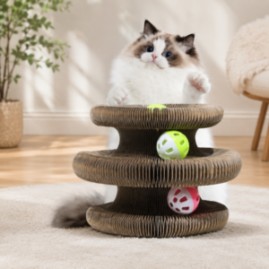 Foldable Accordion Corrugated Cat Scratcher Board with Bell & Catnip – Cartoon Interactive Claw Toy
