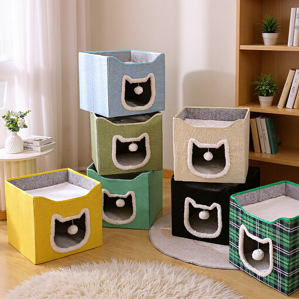 Foldable Semi-Closed Cat House Bed with Scratch Pad for Indoor Cats