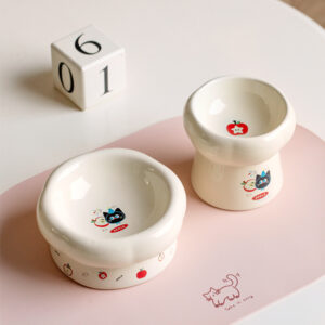 Apple Cat Ceramic Raised Pet Bowl | Anti-Spill Ergonomic Food & Water Bowl for Cats and Small Dogs