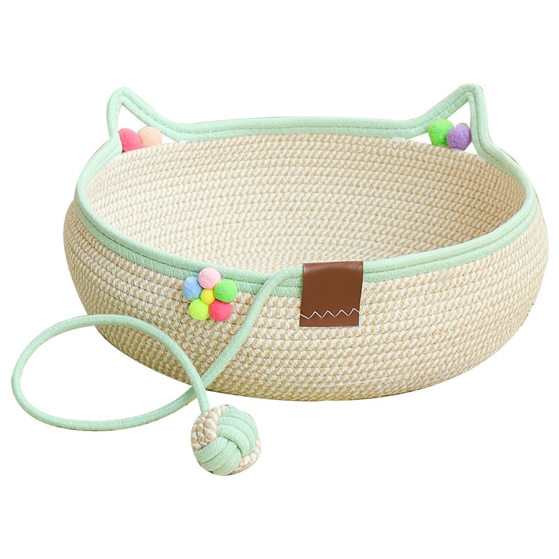 Handwoven Cotton Linen Cat Bed with Scratching Pad & Cozy Rest Area