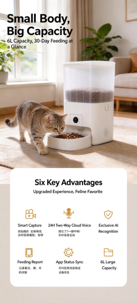 6L Large Capacity Smart AI Cat & Dog Pet Feeder | Multi-Meal Dispensing, Remote Access, Single-Band WiFi + Bluetooth, Pet Camera Monitoring